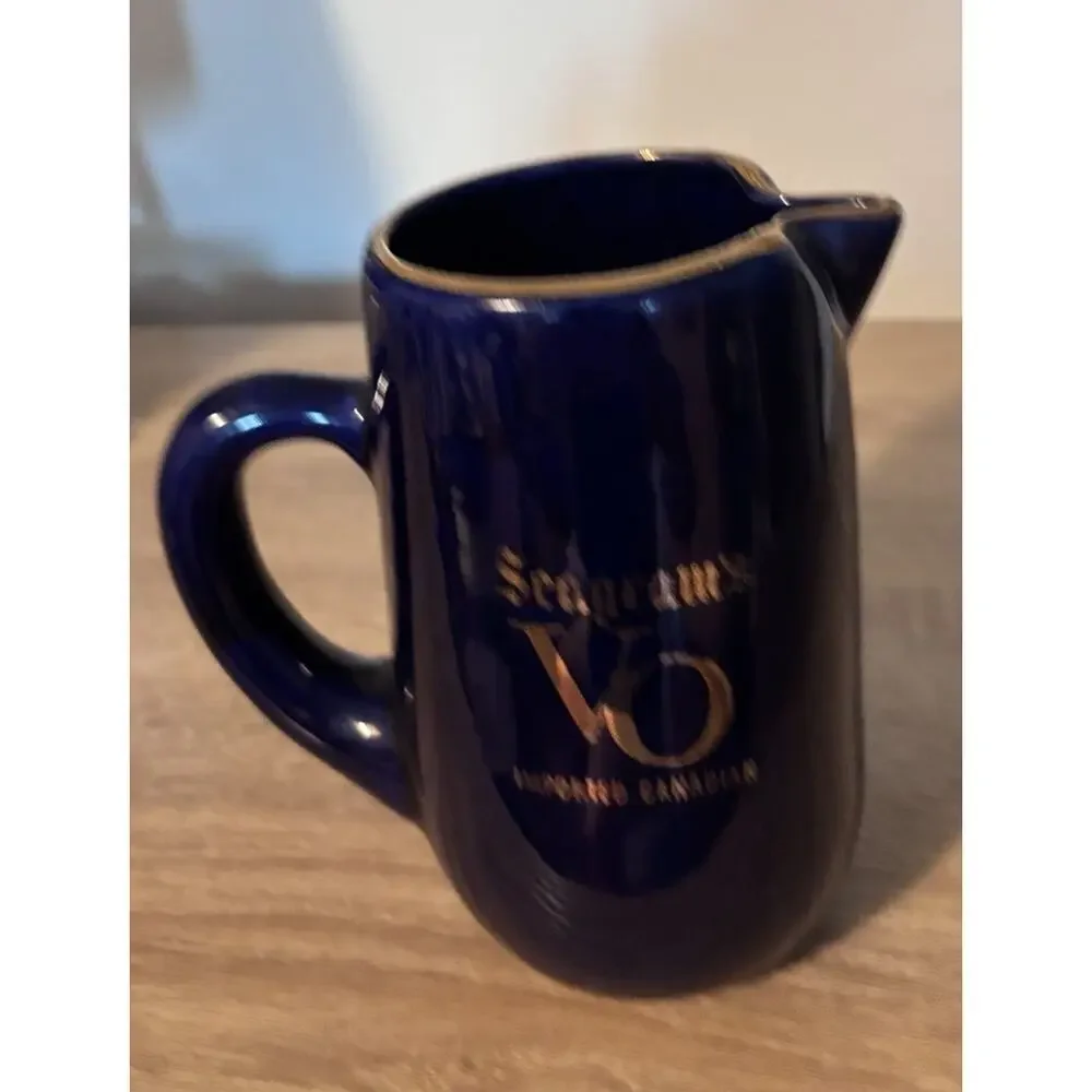 Vintage 6” Ceramic SEAGRAMS VO Water Bar Pub Pitcher. Blue w Gold Trim.